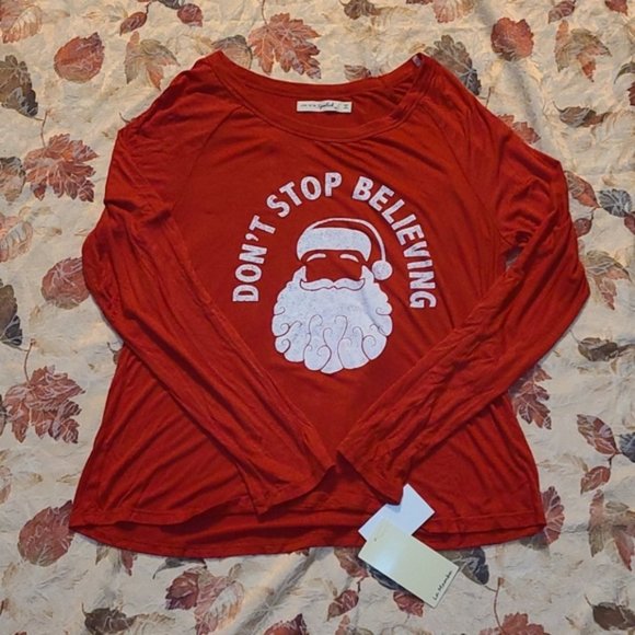 Don't Stop Believing Santa Holiday Lounge Shirt - Picture 1 of 7